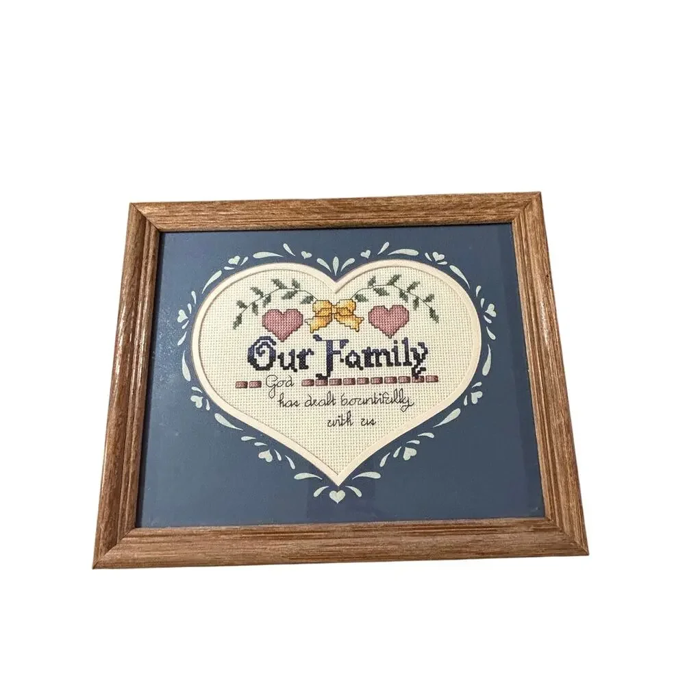 Framed “Our Family” Cross Stitch Sampler Christian Scripture Heart Country Decor